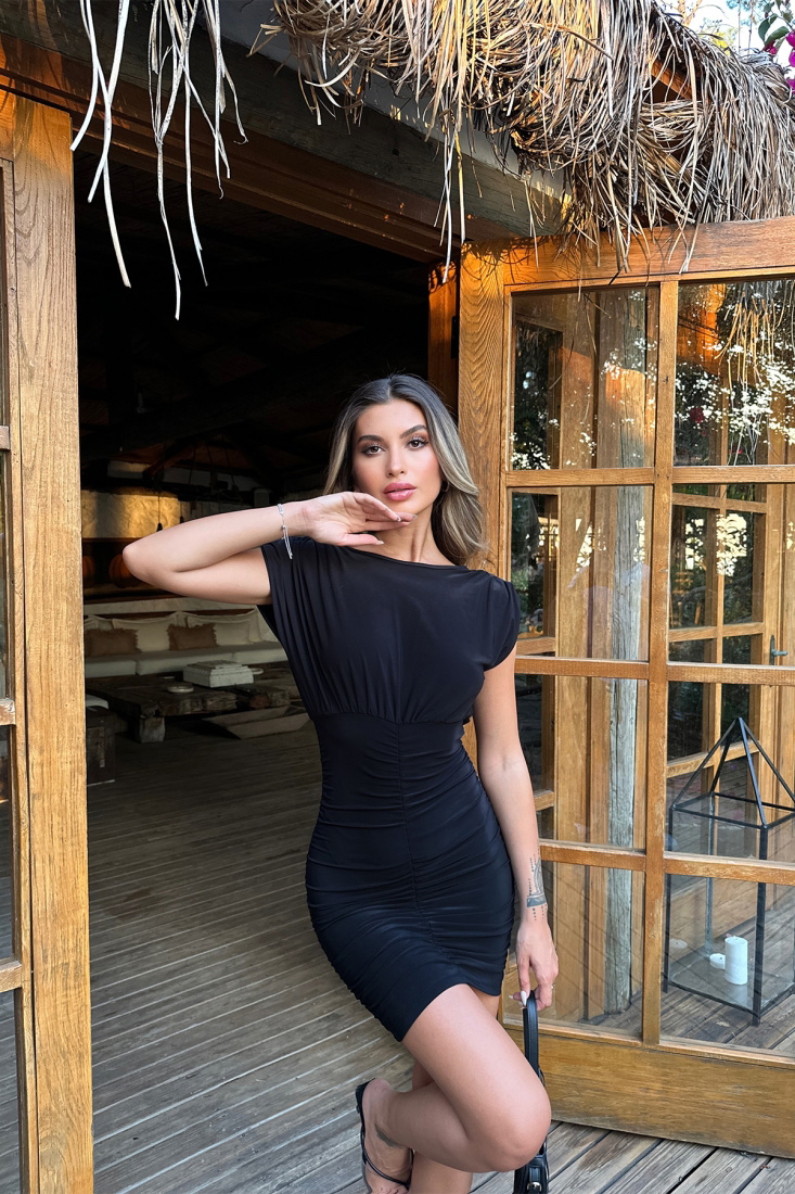 Siyah Önü Büzgülü Mini Elbise ATE7259 - EYYO