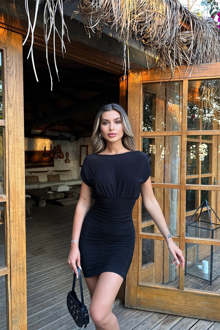 Siyah Önü Büzgülü Mini Elbise ATE7259 - EYYO