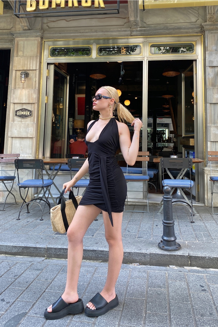 Siyah Önü Büzgülü Mini Elbise ATE7548 - EYYO