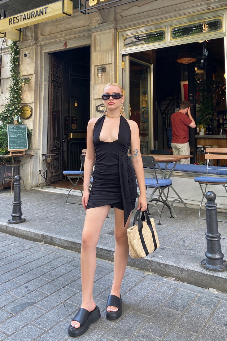 Siyah Önü Büzgülü Mini Elbise ATE7548 - EYYO