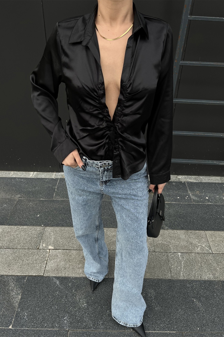 Siyah Önü Büzgülü Saten Gömlek ATE4718 - BİG DART