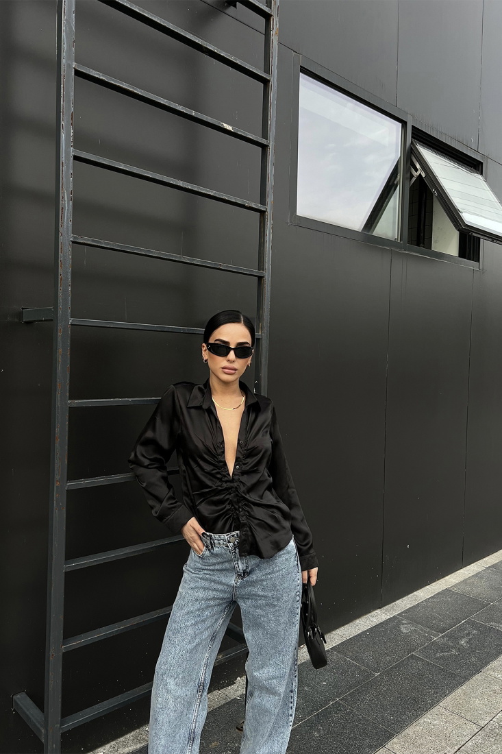 Siyah Önü Büzgülü Saten Gömlek ATE4718 - BİG DART