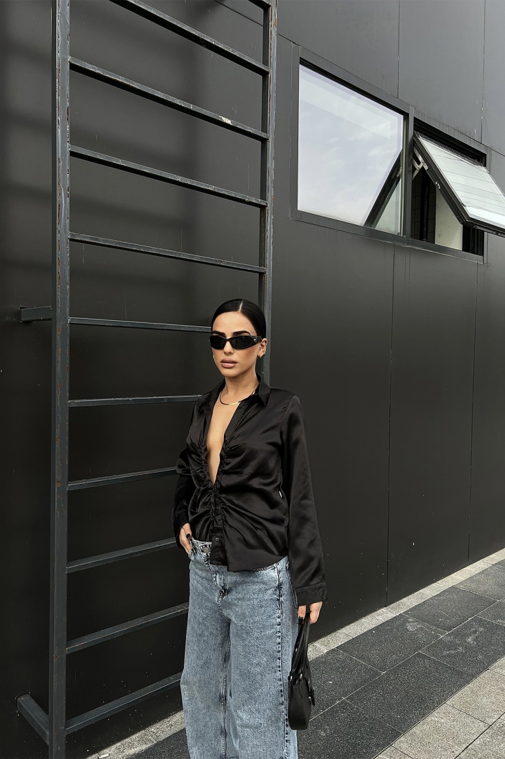 Siyah Önü Büzgülü Saten Gömlek ATE4718 - BİG DART