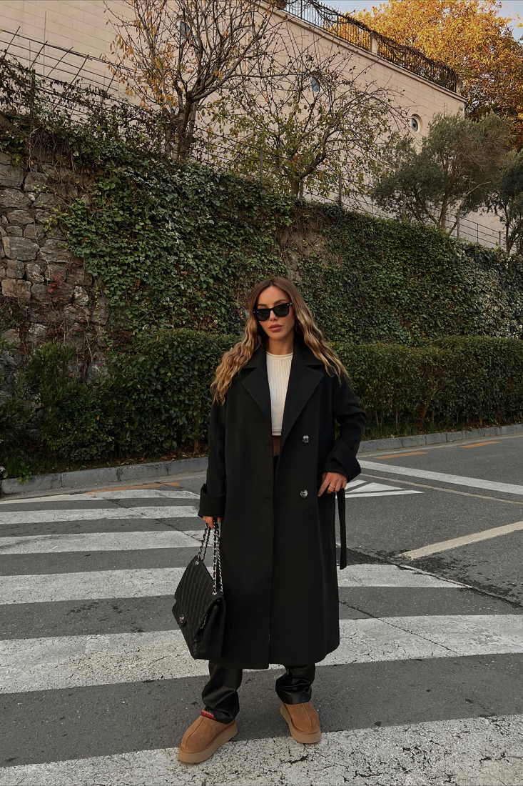 Siyah Önü Düğmeli Kaşe Kaban ATE2665 - EYYO