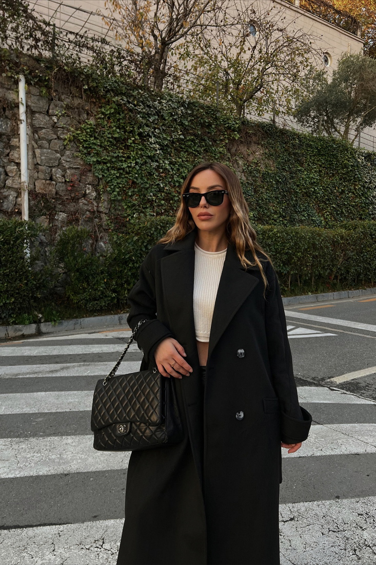 Siyah Önü Düğmeli Kaşe Kaban ATE2665 - EYYO