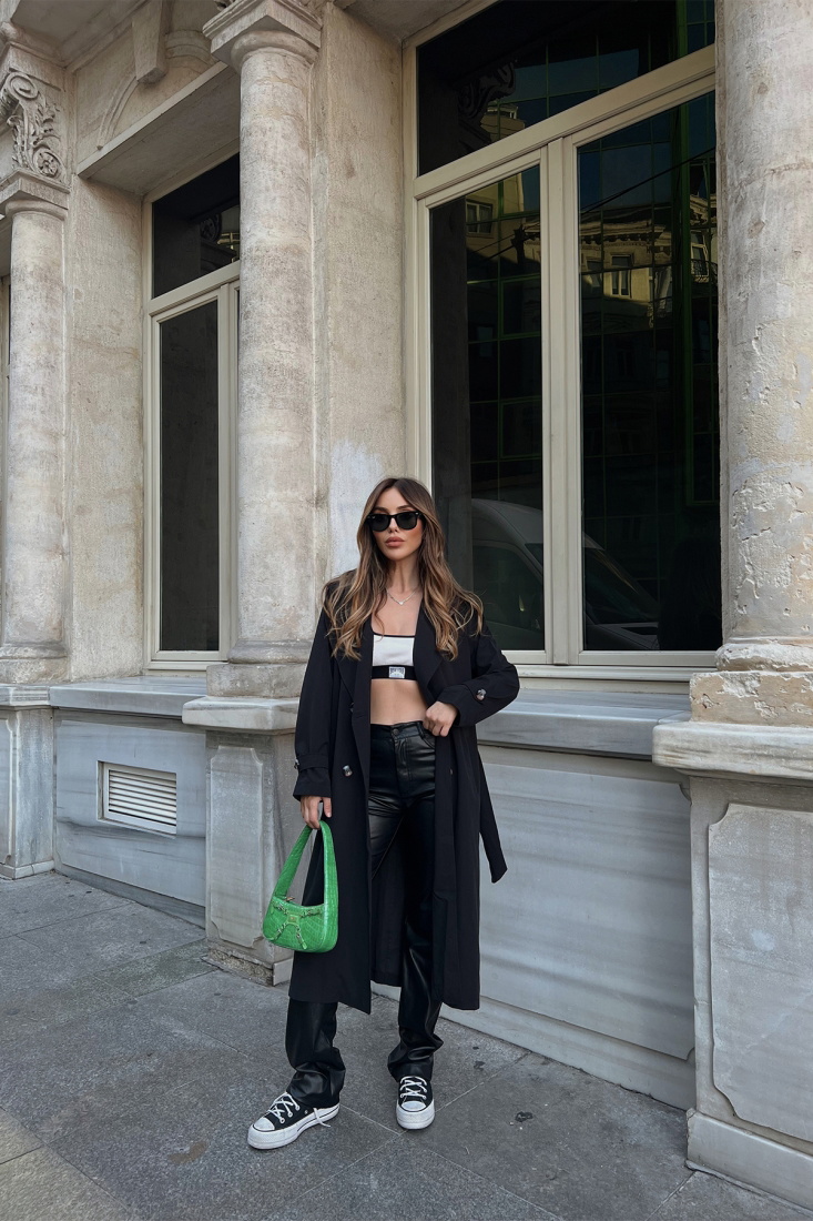 Siyah Önü Düğmeli Kruvaze Yaka Trenckot ATE2434 - EYYO