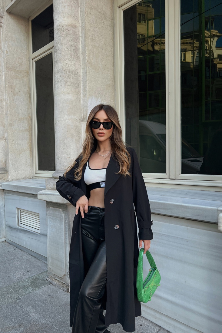 Siyah Önü Düğmeli Kruvaze Yaka Trenckot ATE2434 - EYYO