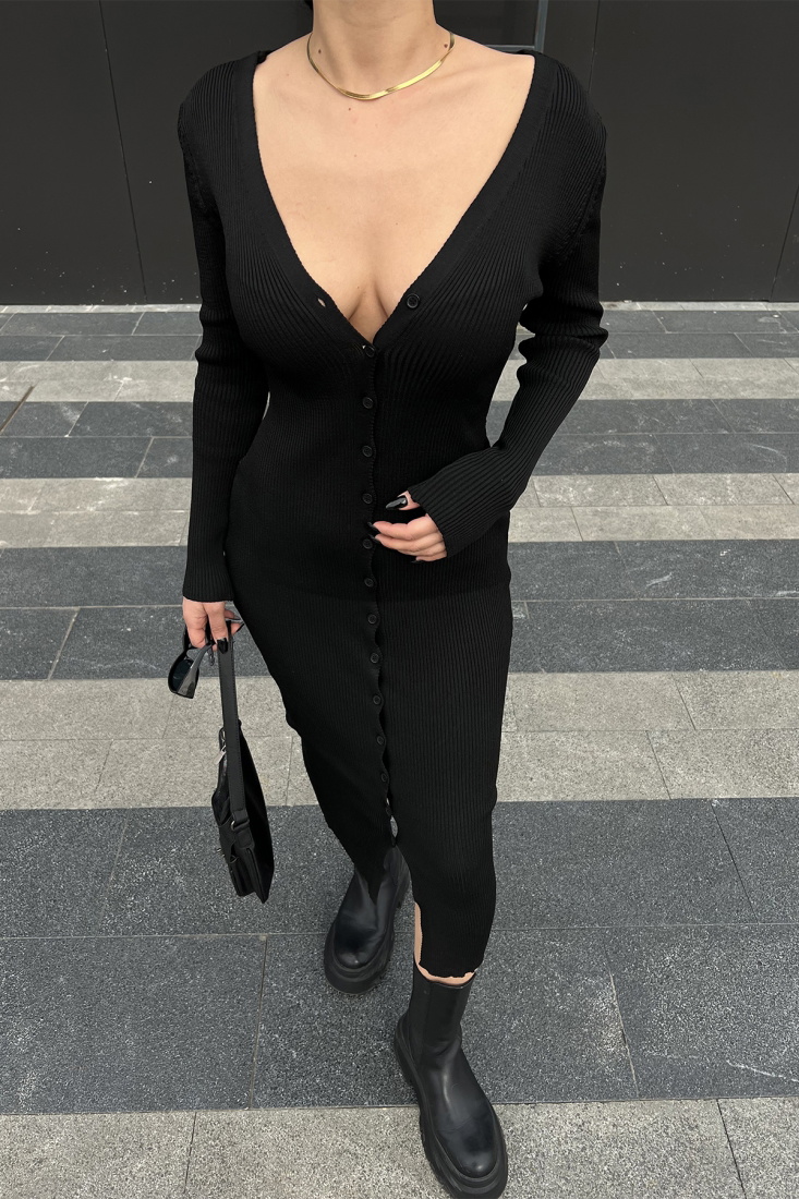 Siyah Önü Düğmeli Uzun Elbise ATE4184 - EYYO