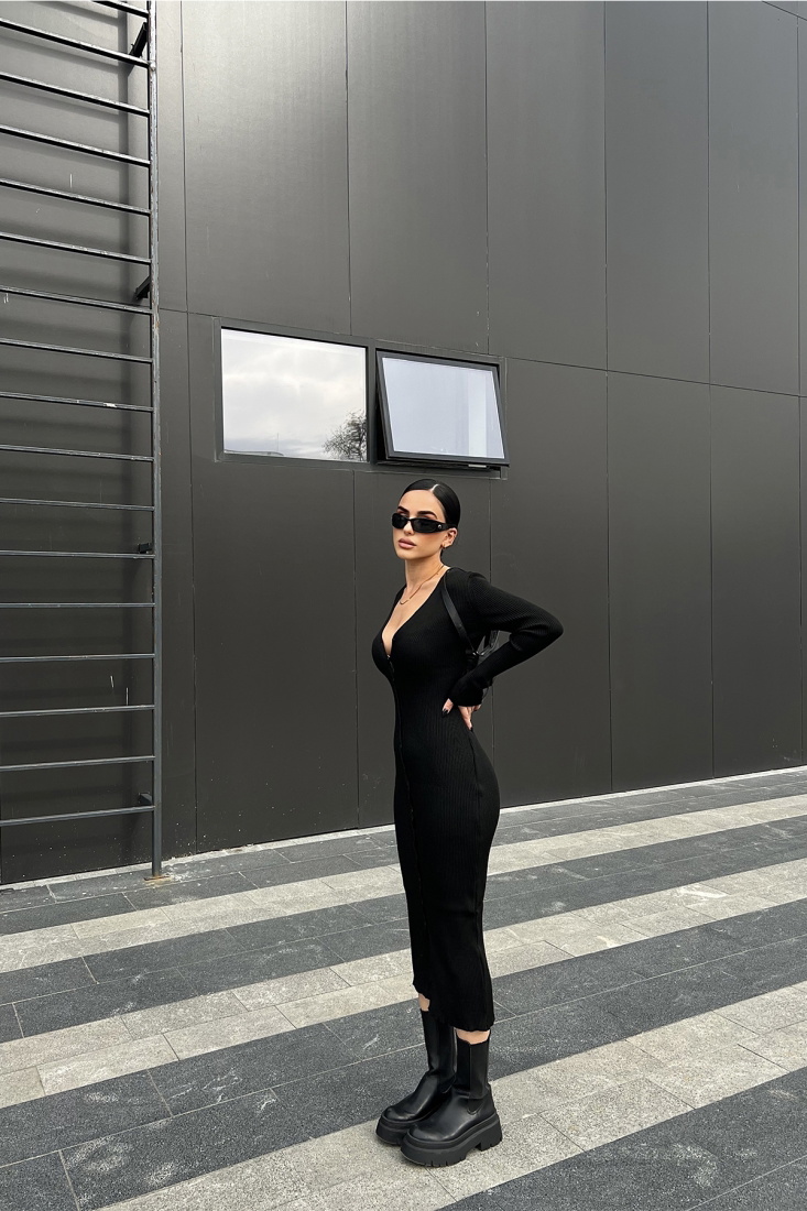 Siyah Önü Düğmeli Uzun Elbise ATE4184 - EYYO