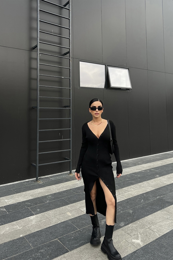 Siyah Önü Düğmeli Uzun Elbise ATE4184 - EYYO