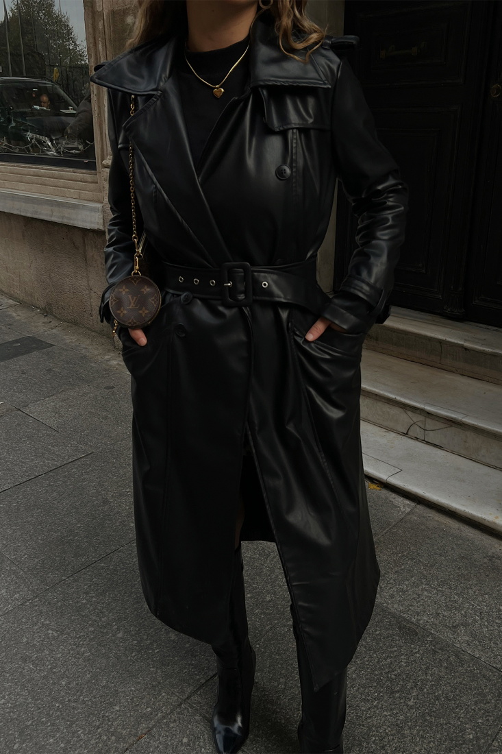 Siyah Önü Kemerli Deri Trenckot ATE2491 - EYYO