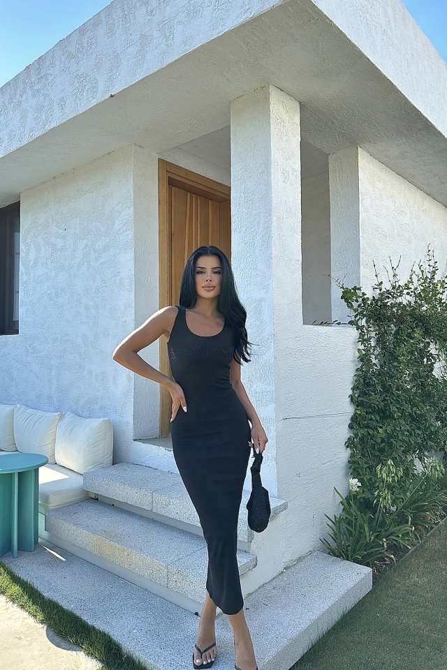 Siyah Önü Taşlı Uzun Elbise ATE7939 
