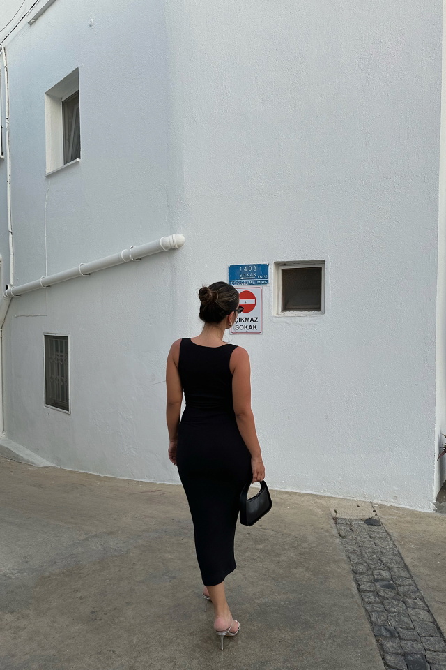 Siyah Önü Taşlı Uzun Elbise ATE8195 - 3