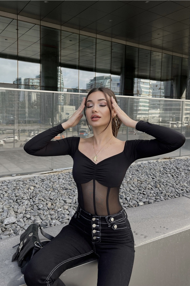 Siyah Önü Transparan Bodysuit ATE4364 - 3