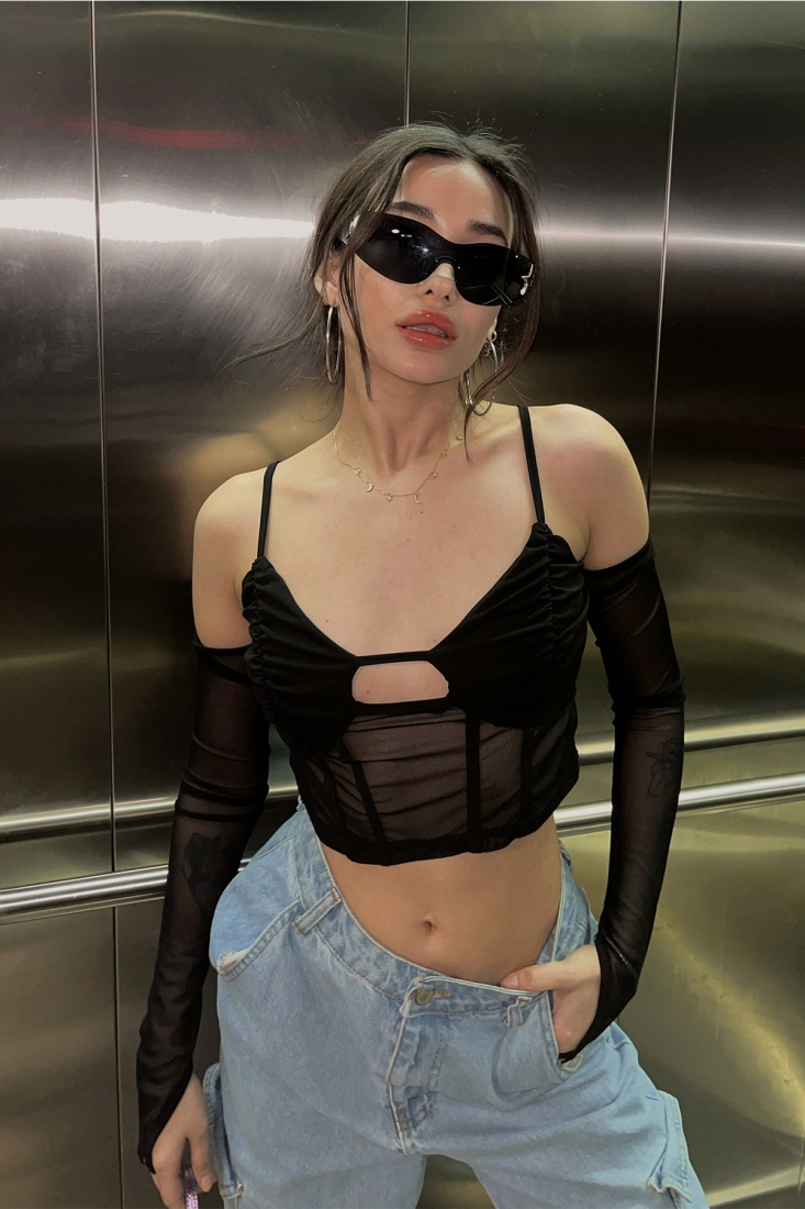 Siyah Önü Transparan Crop Top ATE4610 - ZECHKA