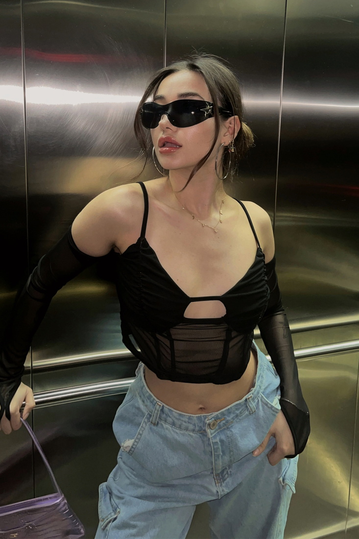 Siyah Önü Transparan Crop Top ATE4610 - ZECHKA