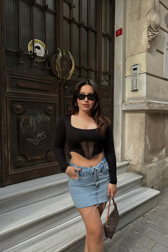 Siyah Önü Transparan Crop Top ATE6152 - 1