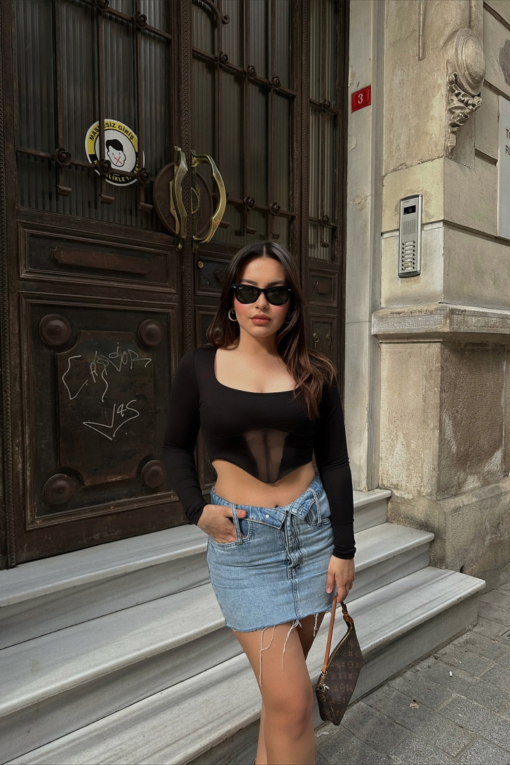 Siyah Önü Transparan Crop Top ATE6152 - PAYNA