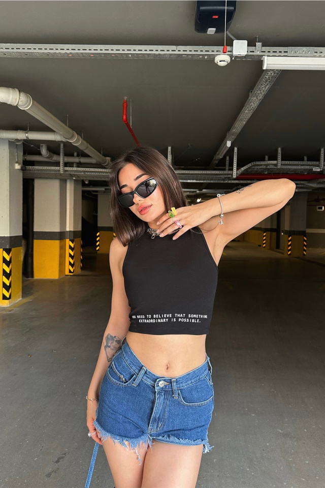 Siyah Önü Yazılı Crop Top ATE7303 - 4