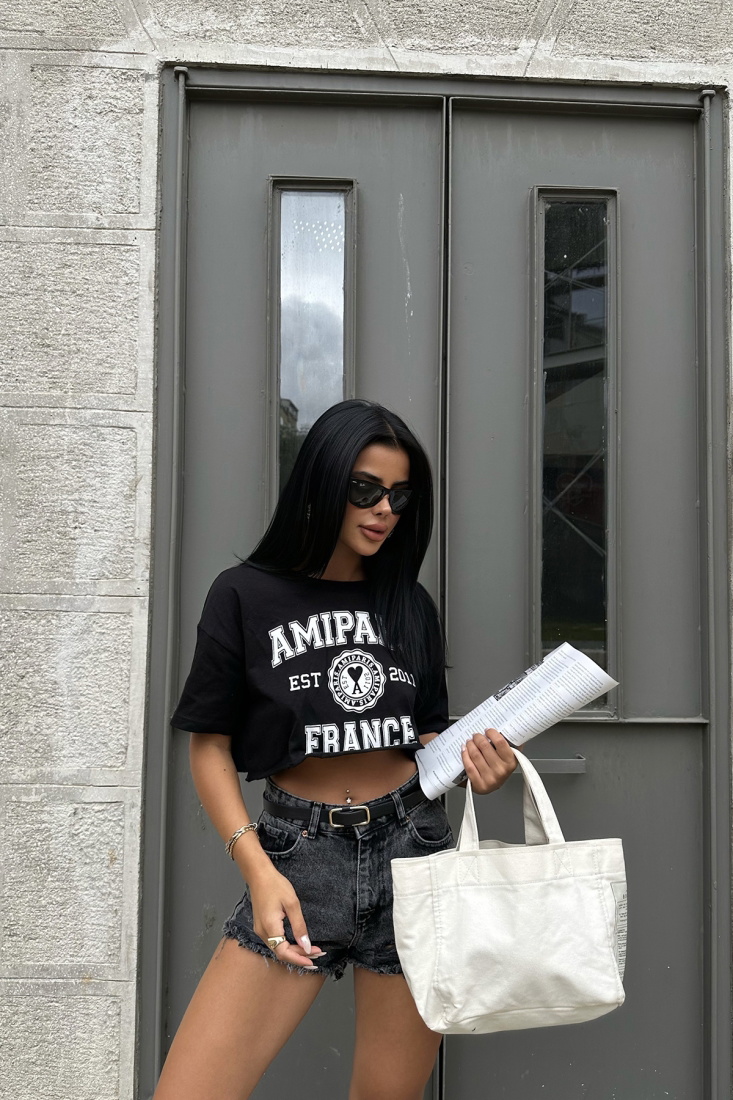 Siyah Önü Yazılı Crop Top ATE7983 - DEPPOT