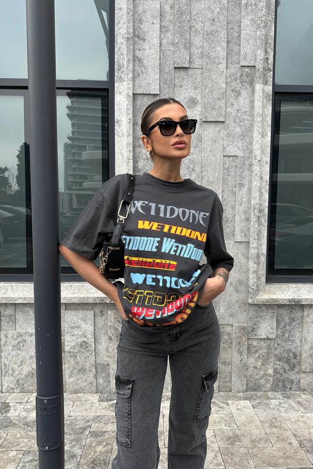 Siyah Önü Yazılı Oversize Tişört ATE5079 - 3