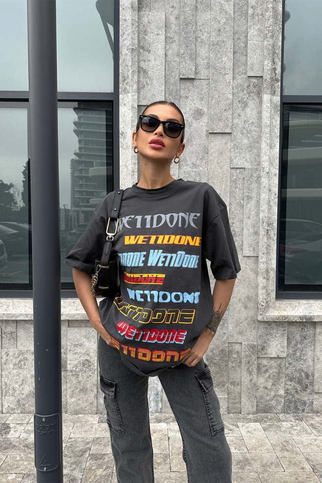Siyah Önü Yazılı Oversize Tişört ATE5079 - 4