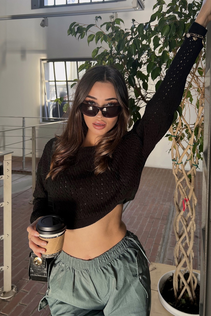 Siyah Örgü Detay Crop Top ATE3098 - EYYO