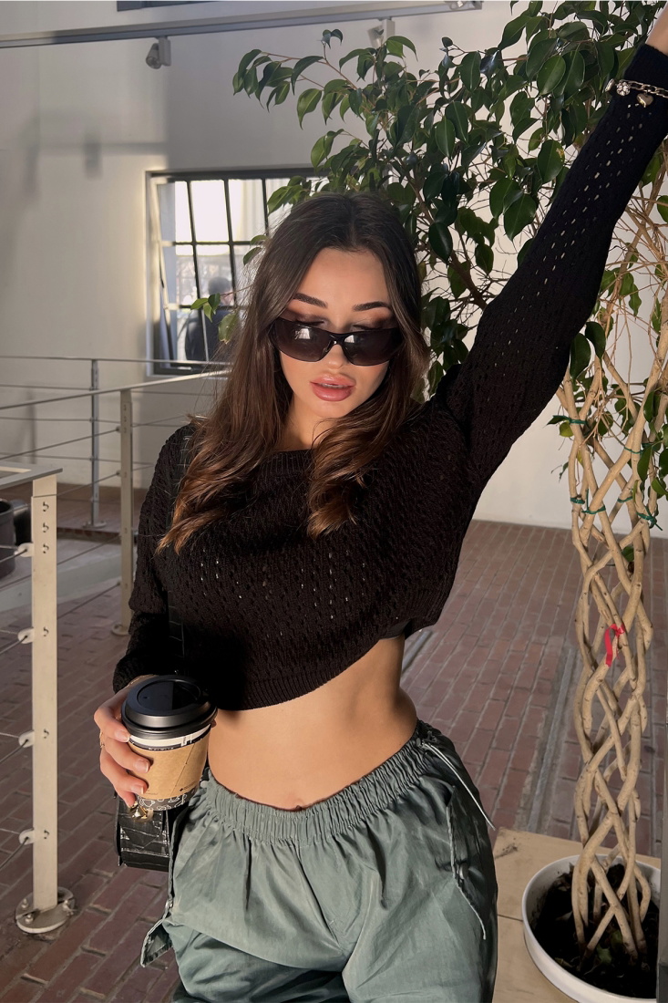 Siyah Örgü Detay Crop Top ATE3098 - EYYO