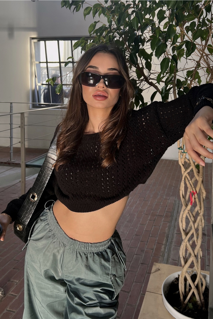 Siyah Örgü Detay Crop Top ATE3098 - EYYO