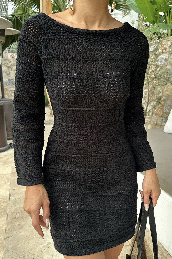 Siyah Örme Uzun Kol Mini Elbise ATE8076 - EYYO