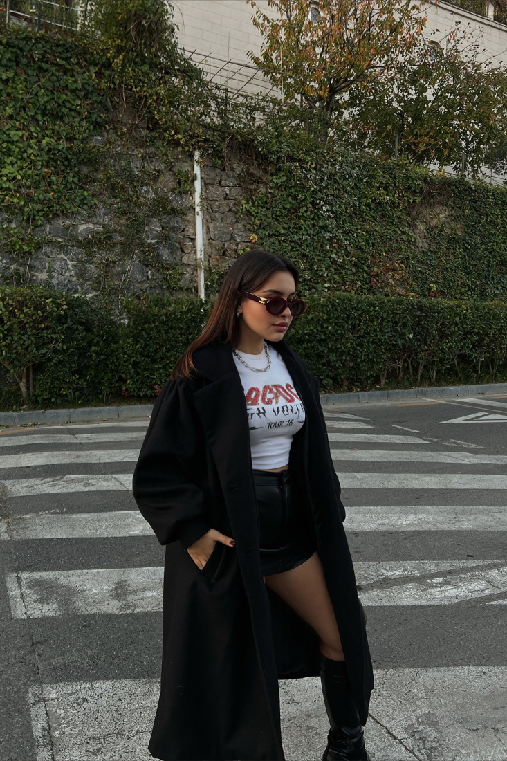 Siyah Oversize Kaşe Kaban ATE2499 - EYYO