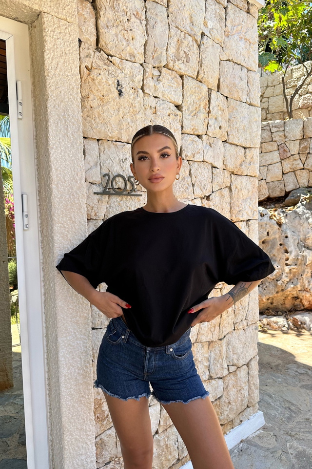 Siyah Oversize Basic Tişört ATE7834 - 1