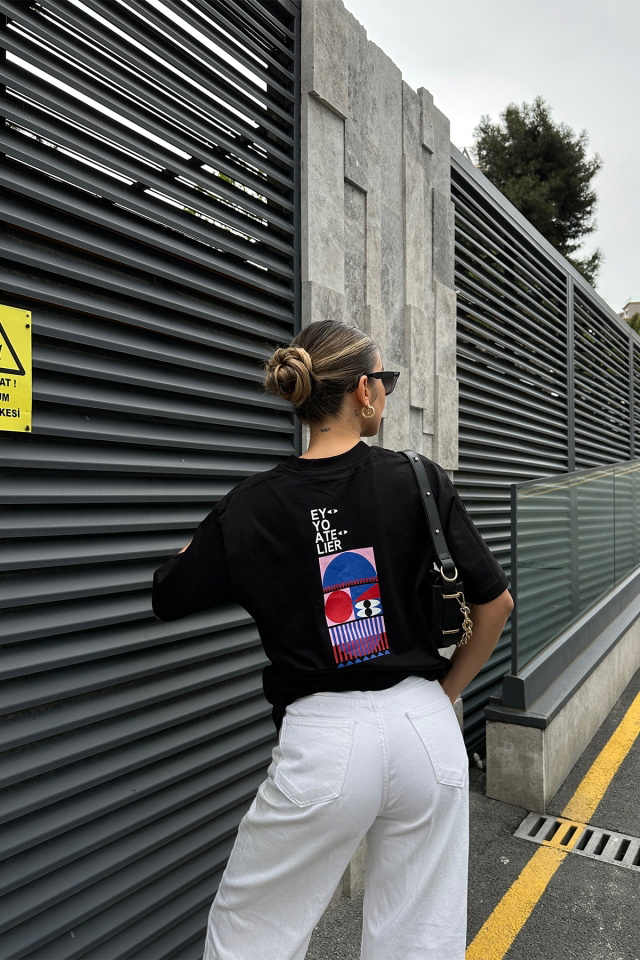 Siyah Oversize Baskılı Tişört ATE5086 - 1