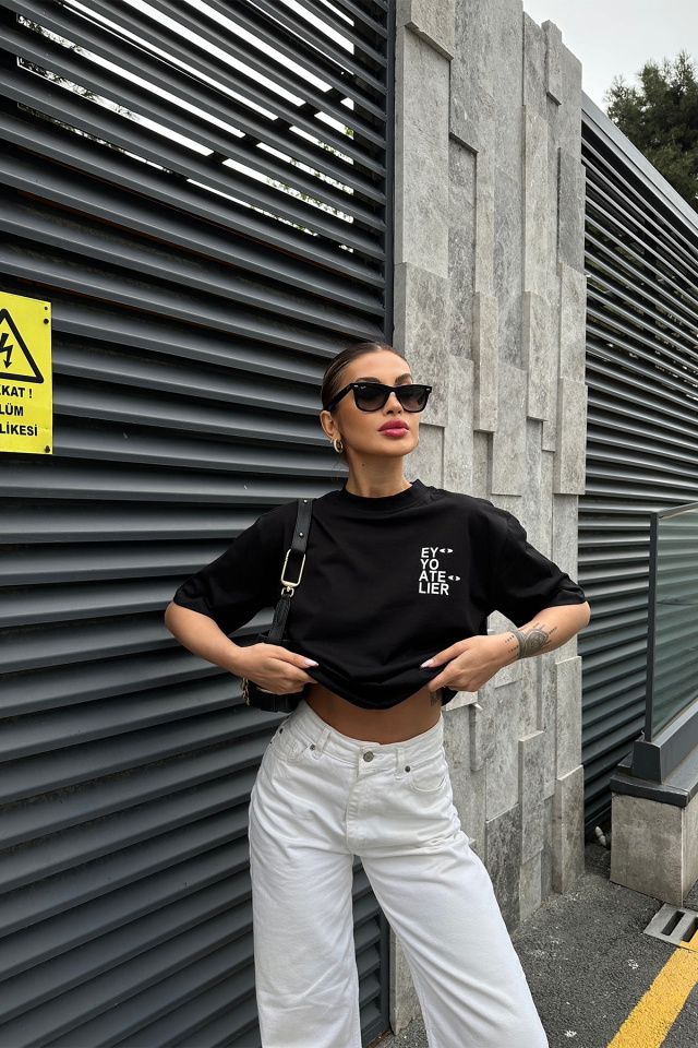 Siyah Oversize Baskılı Tişört ATE5086 - 5