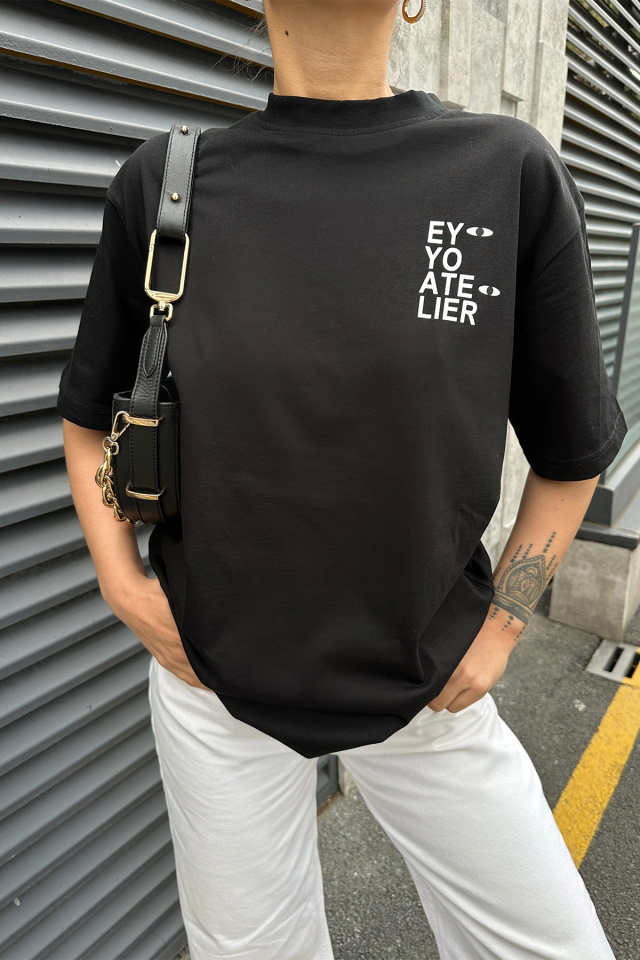 Siyah Oversize Baskılı Tişört ATE5086 - 2
