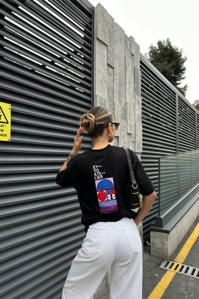 Siyah Oversize Baskılı Tişört ATE5086 - 4
