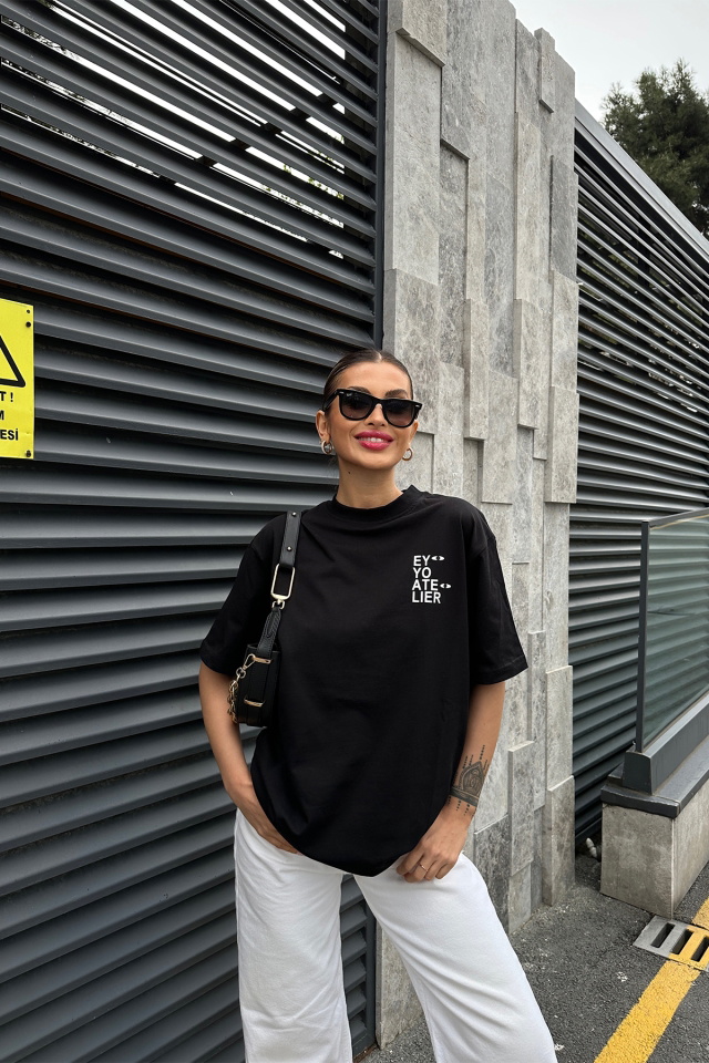 Siyah Oversize Baskılı Tişört ATE5086 - 3
