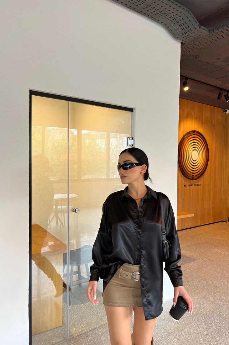 Siyah Oversize Önü Düğmeli Gömlek ATE3724 - HOT FASHİON