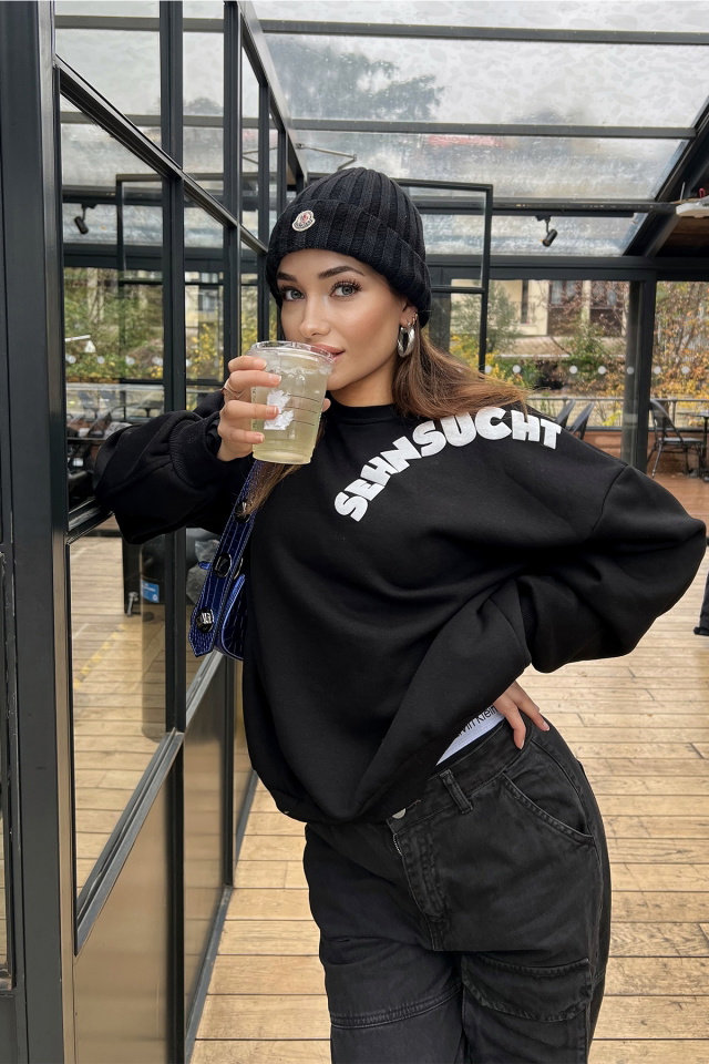 Siyah Oversize Yazılı Sweat ATE3063 - 7