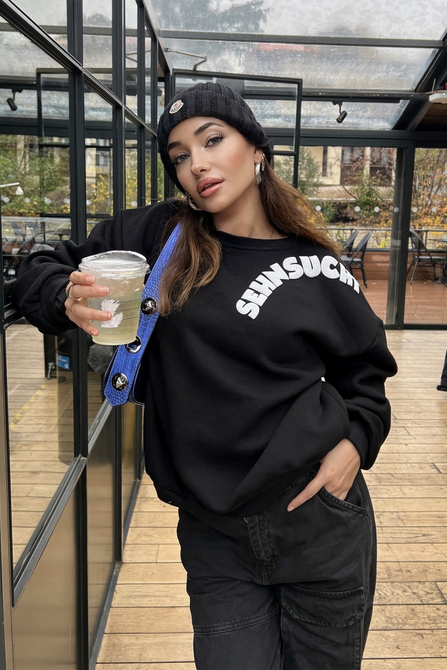 Siyah Oversize Yazılı Sweat ATE3063 - 8