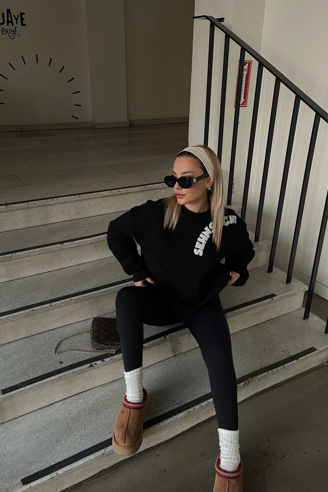 Siyah Oversize Yazılı Sweat ATE3063 - 3