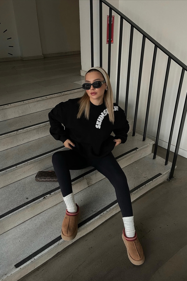 Siyah Oversize Yazılı Sweat ATE3063 - 2