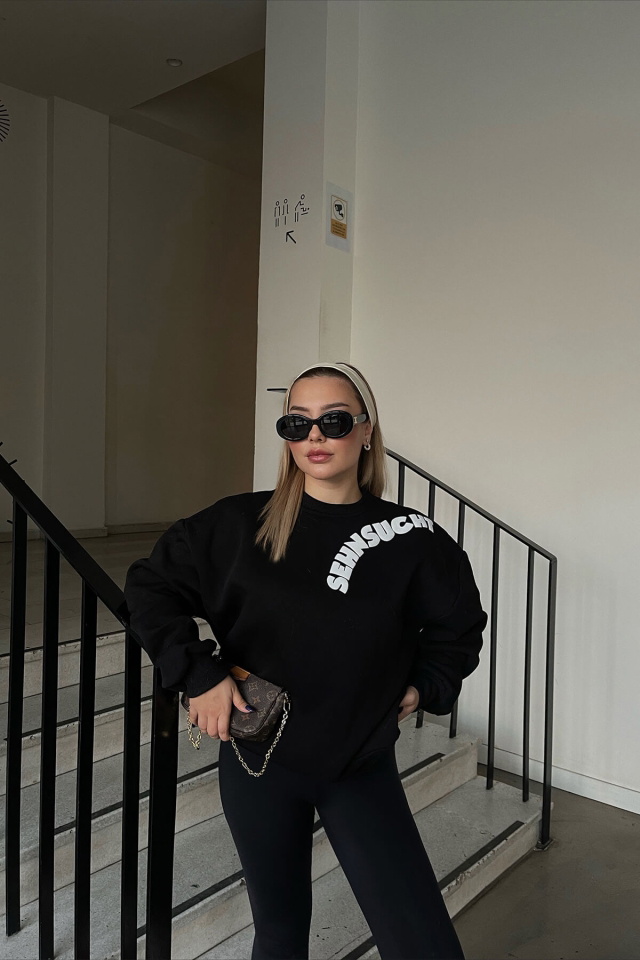 Siyah Oversize Yazılı Sweat ATE3063 - 1
