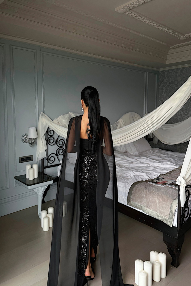 Siyah Plunge Payetli Uzun Elbise ATE-4794 - 5