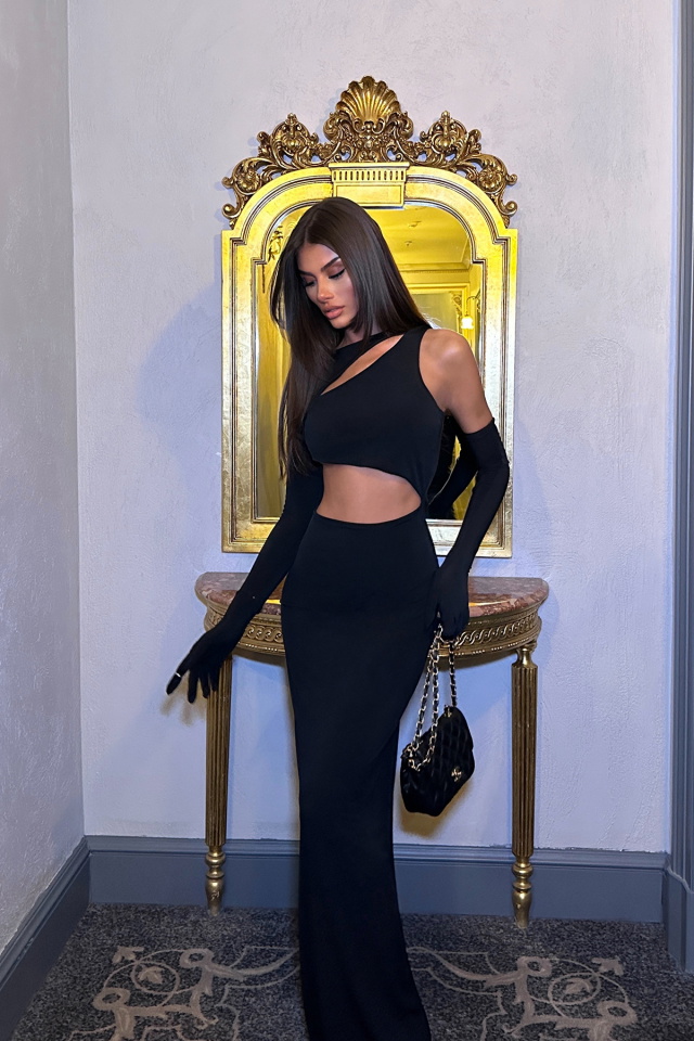 Siyah Pencere Detay Eldivenli Elbise ATE-0346 - 6