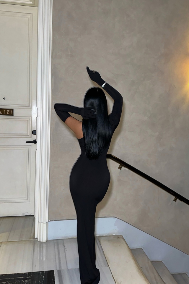 Siyah Pencere Detay Eldivenli Elbise ATE-0346 - 5