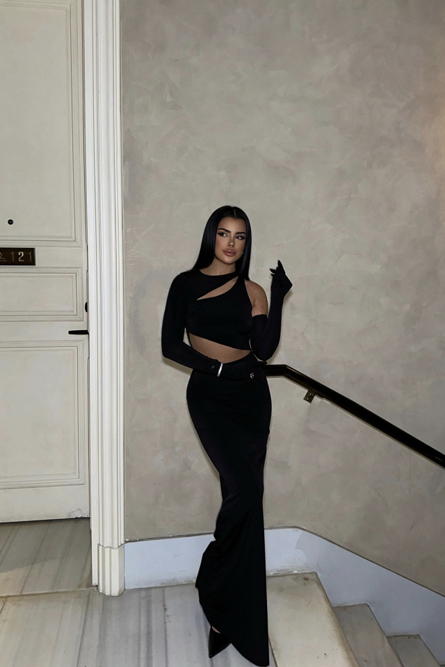 Siyah Pencere Detay Eldivenli Elbise ATE-0346 - 4