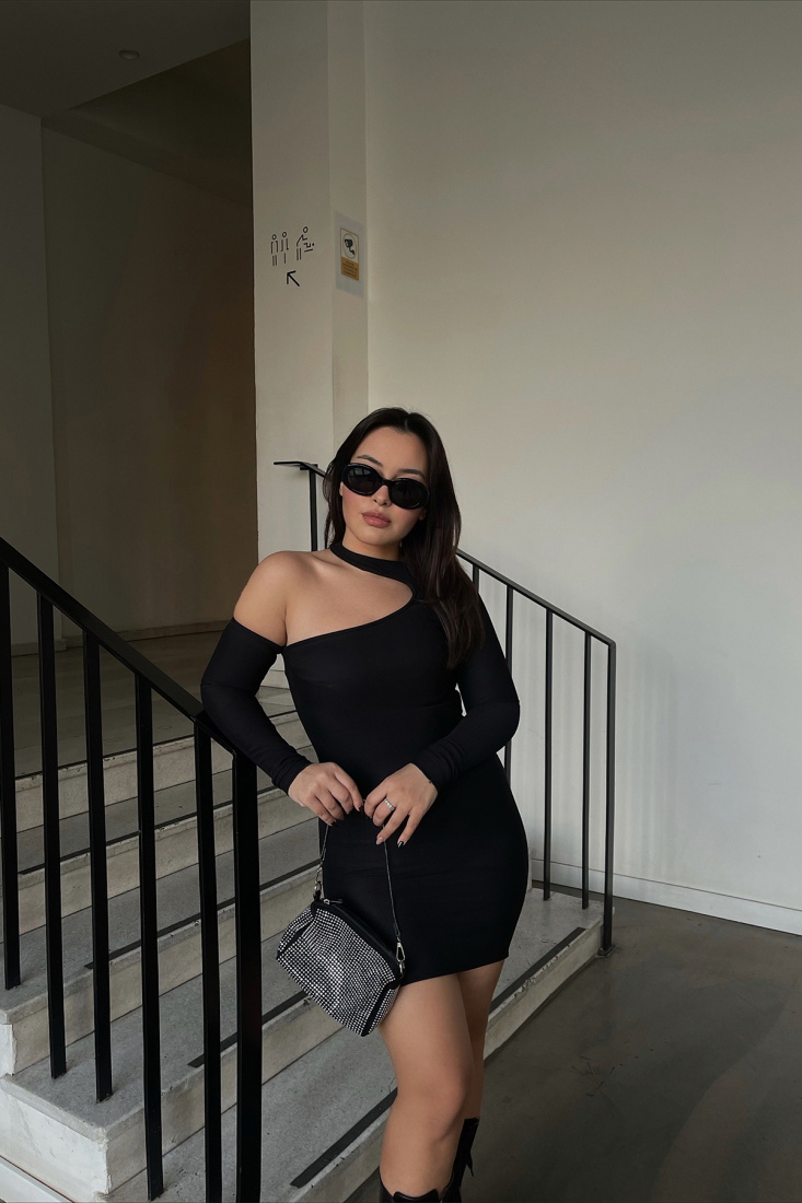 Siyah Pencere Detay Fitilli Mini Elbise ATE3310 - EYYO