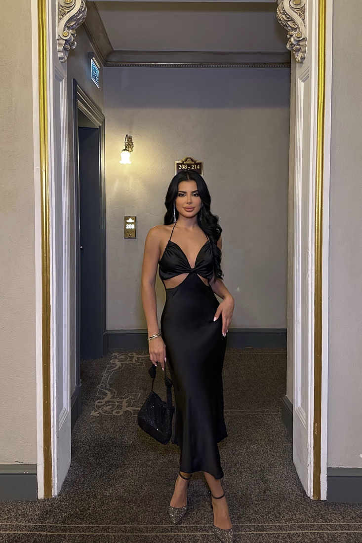 Siyah Pencere Detay İp askılı Elbise ATE5071 - EYYO