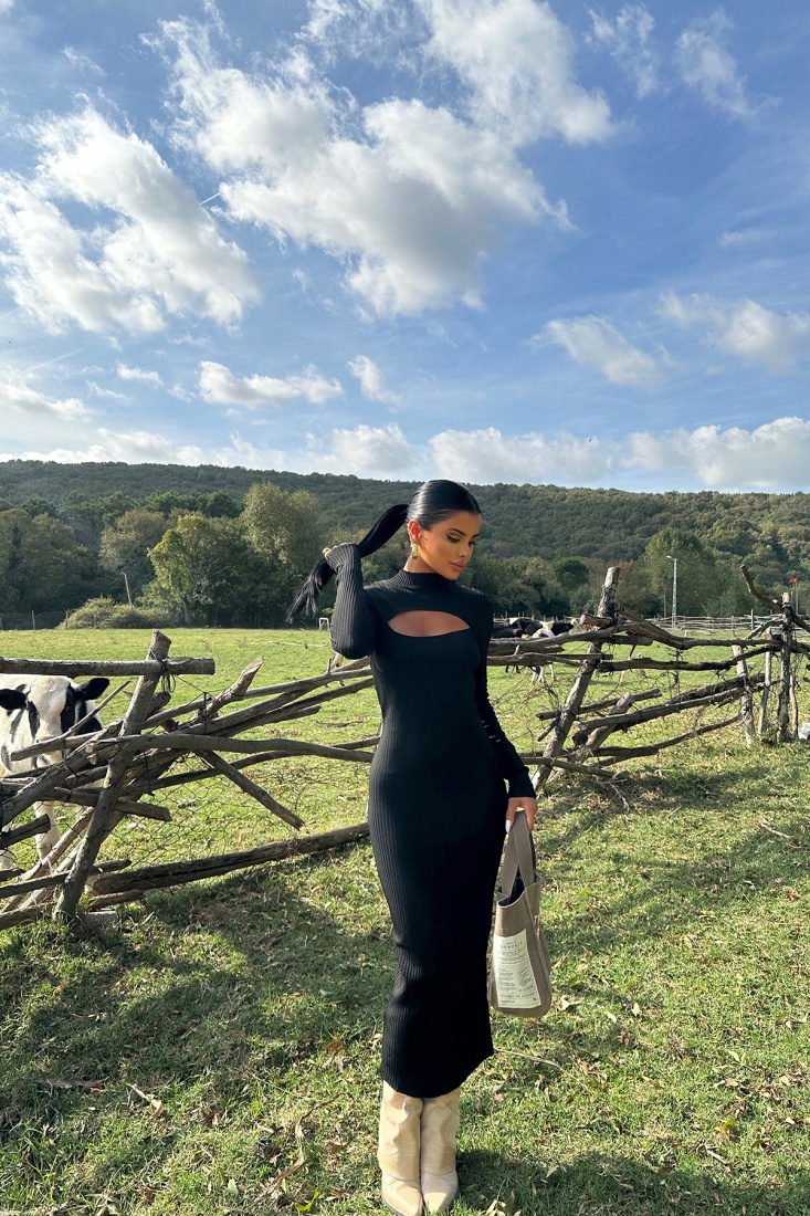 Siyah Pencere Detay Triko Uzun Elbise ATE8327 - EYYO